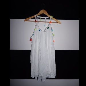 White Flowy Top with Colorful Tassels and Beads
